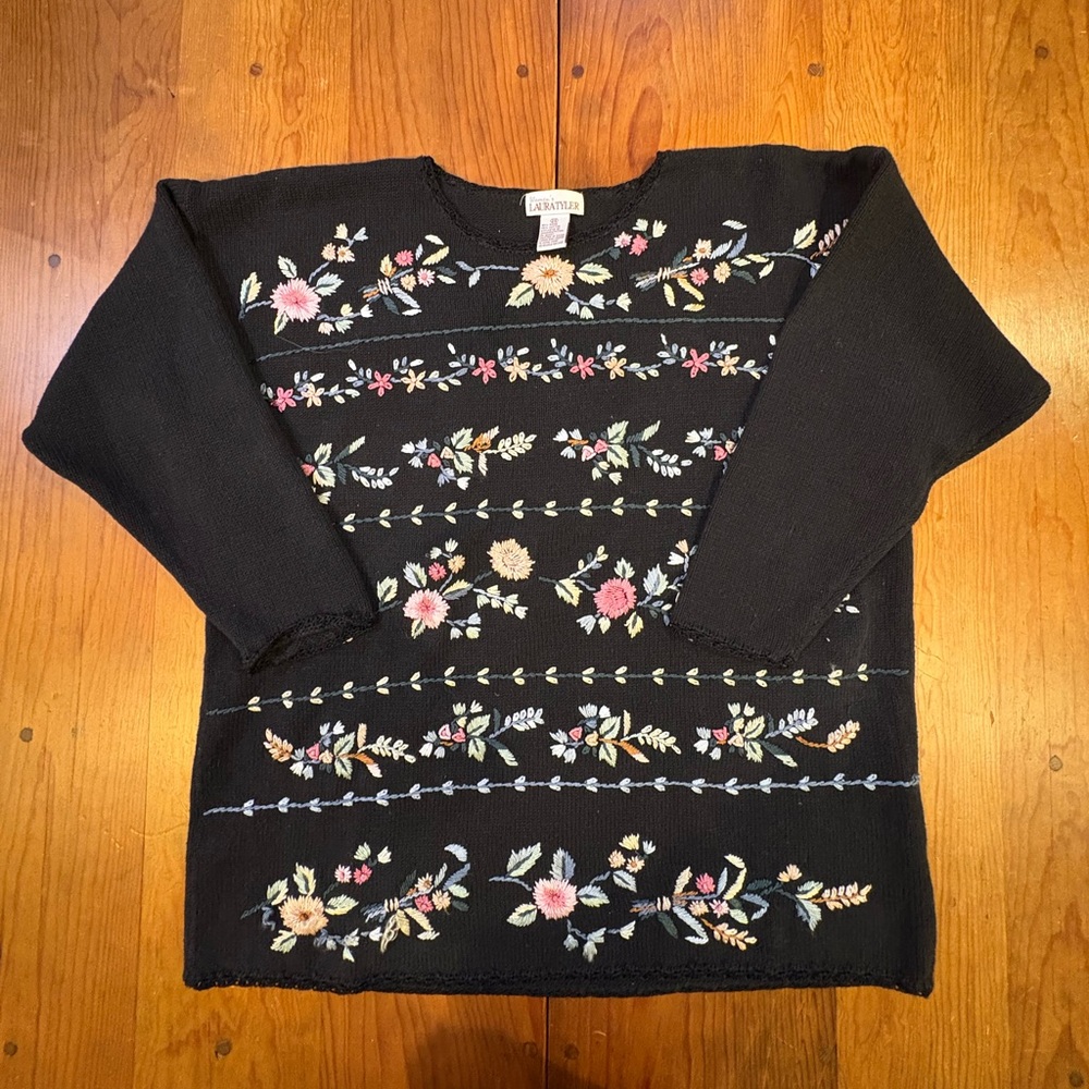 Vintage Laura Tyler Women Sweater Floral Embroidered Pullover Size 2X Black